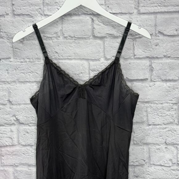 Vintage Shadowline Full Slip Size 38 26" Black Nylon Lace Trim Dress Midi - Picture 2 of 6